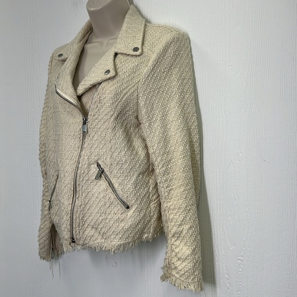 H&M - Cream Textured Tweed With Silver Hardware Moto Biker Jacket Size 6 - Picture 7 of 12